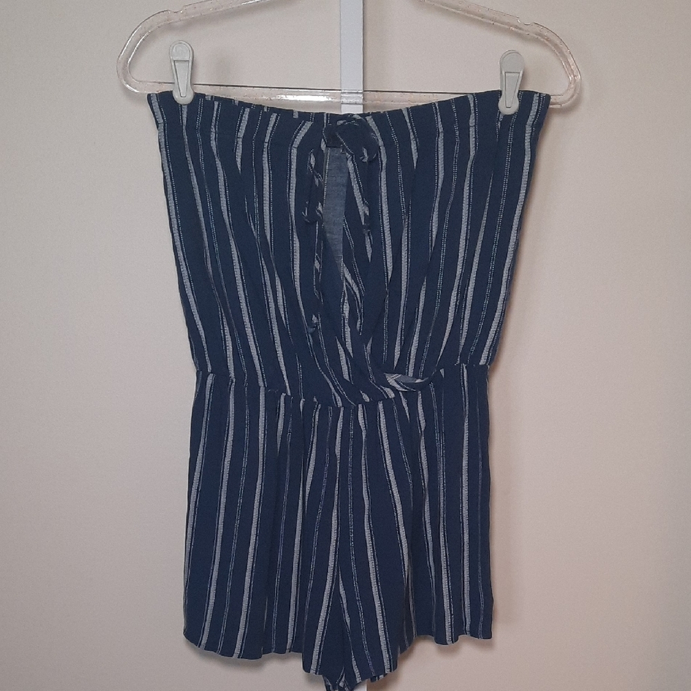 William B Navy and Cream Striped Women's Strapless Shorts Romper